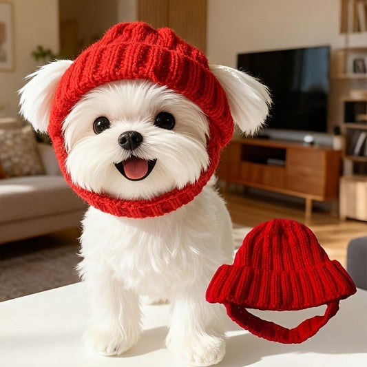 🔥Last Day: BUY 2 GET 1 FREE - 🐾Red Wool Knit Dog Beanie with Ear Flaps – Warm Winter Hat